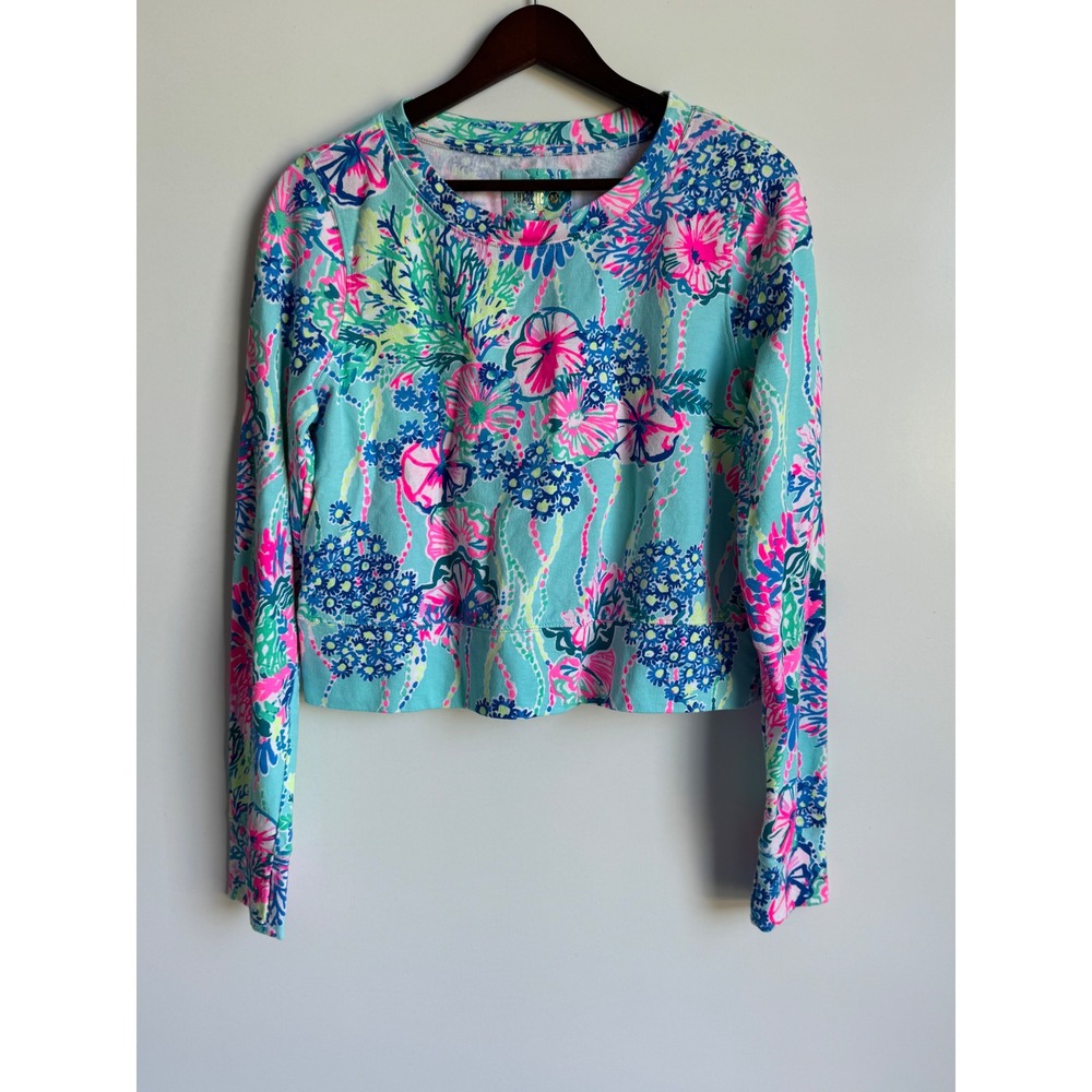 Lilly Pulitzer Luxletic Alex Crop Top M Blue Pink Floral Cotton Preppy Active